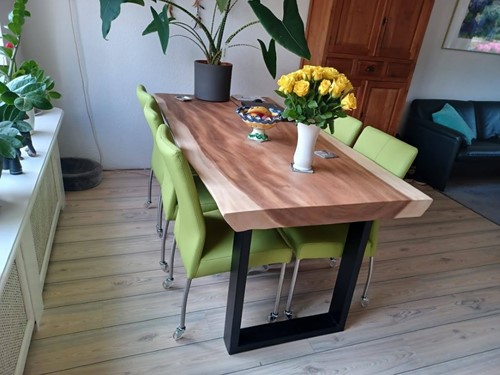 Set van 6 leren eetkamerstoelen - met wieltjes - groen leer