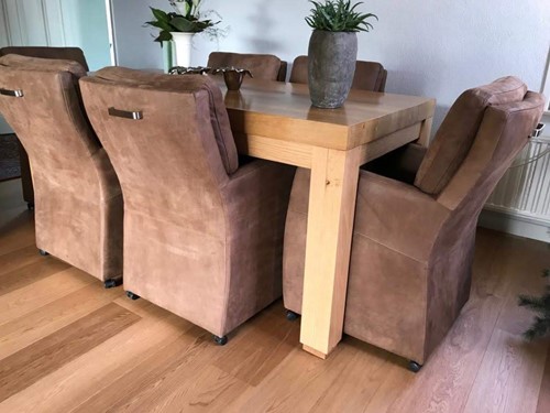 Set van 6 leren eetkamerfauteuils - met armleuning en wieltjes - bruin leer