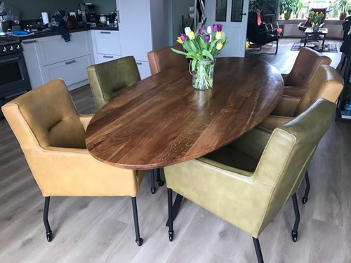 Set van 6 leren eetkamerstoelen - met armleuning en wieltjes - verschillende kleuren leer