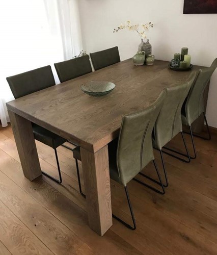 Set van 6 leren eetkamerstoelen - met designpoot - groen leer