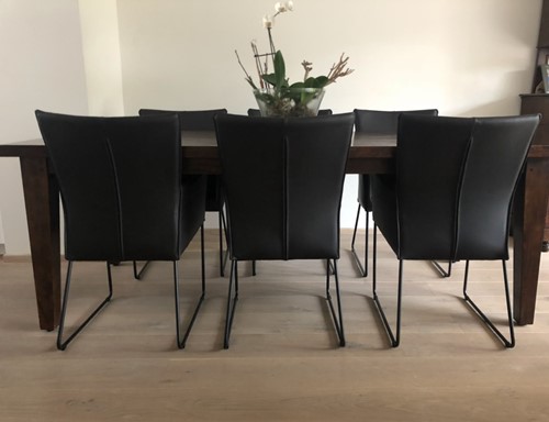 Set van 6 leren eetkamerstoelen - met designpoot - zwart leer