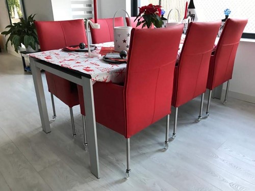 Set van 6 leren eetkamerstoelen - met wieltjes en hoge rug - rood leer