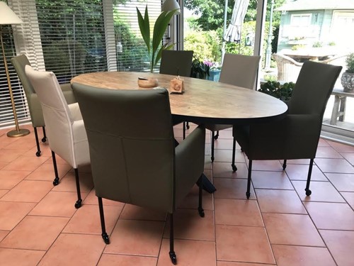 Set van 6 leren eetkamerstoelen - met wieltjes en hoge rug - verschillende kleuren leer