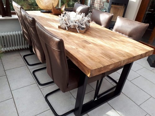 Set van 6 leren eetkamerstoelen - met sledepoot - bruin leer