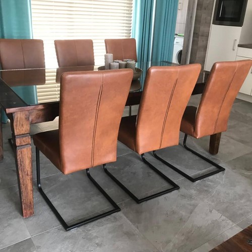 Set van 6 leren eetkamerstoelen - met sledepoot - bruin leer