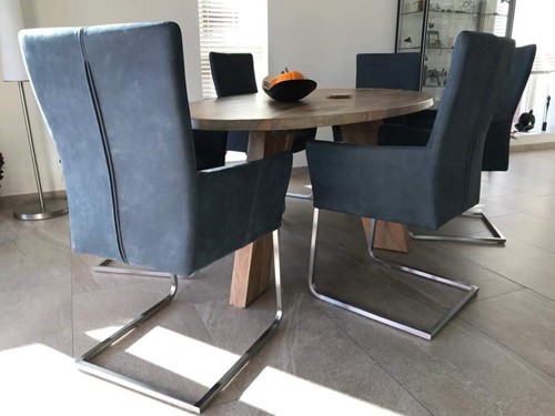 Set van 6 leren eetkamerstoelen - met sledepoot en armleuning- blauw leer