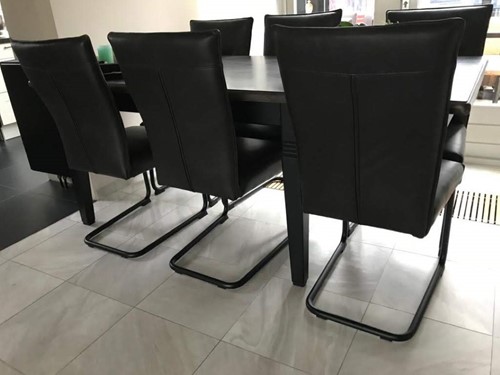 Set van 6 leren eetkamerstoelen - met sledepoot - zwart leer