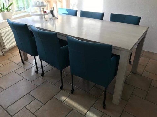 Set van 6 leren kuip eetkamerstoelen - met wieltjes - blauw leer