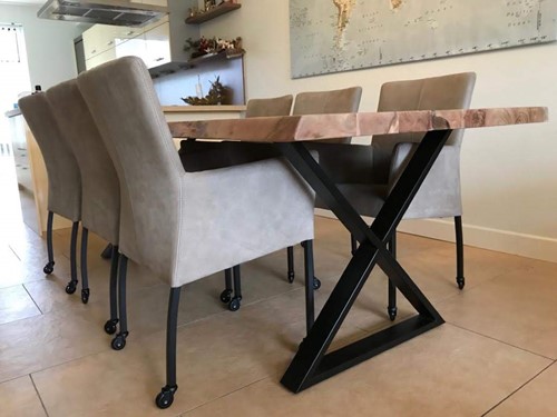 Set van 6 leren eetkamerstoelen met wieltjes en armleuning - bruin leer