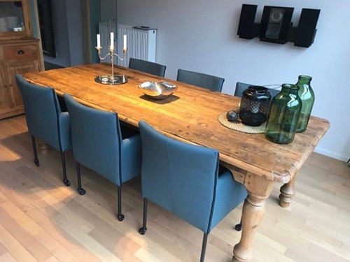 Set van 6 leren kuip eetkamerstoelen - met wieltjes - blauw leer