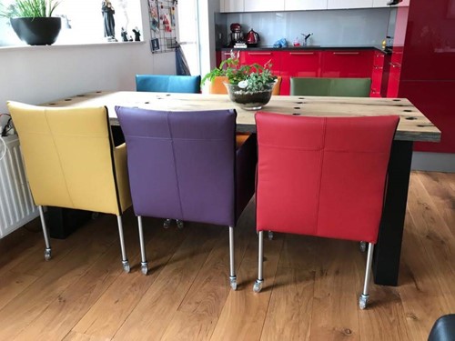 Set van 6 leren kuip eetkamerstoelen - met wieltjes - diverse kleuren