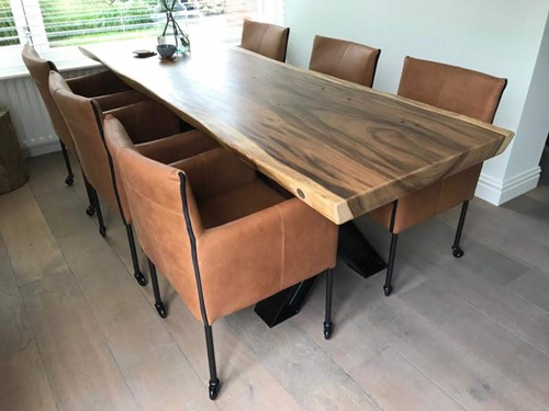 Set van 6 leren kuip eetkamerstoelen - met wieltjes - bruin leer