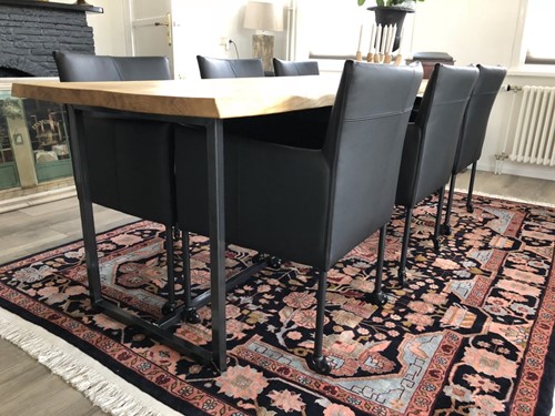 Set van 6 leren kuip eetkamerstoelen - met wieltjes - zwart leer