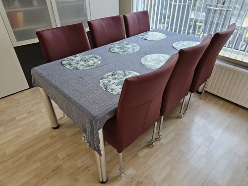 Set van 6 leren eetkamerstoelen - met wieltjes en hoge rug - rood leer