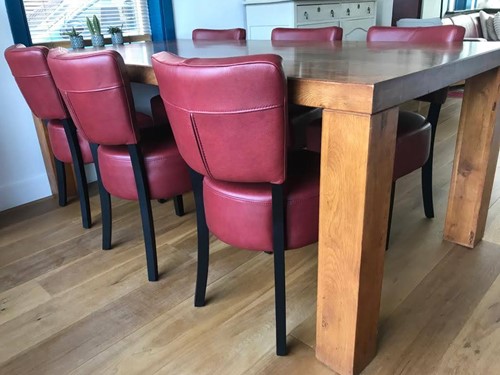 Set van 6 leren eetkamerstoelen - met houten poten - rood leer