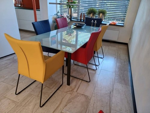 Set van 6 leren eetkamerstoelen - met designpoot - verschillende kleuren leer