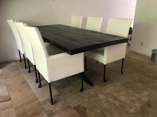 Set van 6 leren eetkamerstoelen - met wieltjes en hoge rug - wit leer