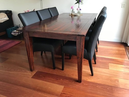 Set van 6 leren eetkamerstoelen - met houten poten - zwart leer