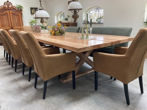 Set van 7 leren eetkamerstoelen - met houten poten - bruin leer