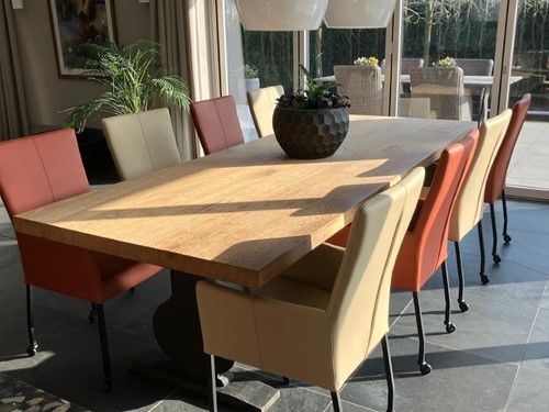 Set van 8 leren eetkamerstoelen met wieltjes en hoge rug - verschillende kleuren leer