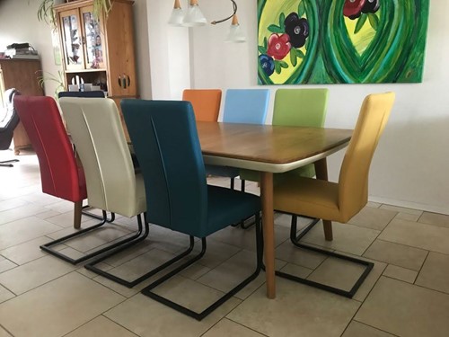 Set van 8 leren eetkamerstoelen - met sledepoot - diverse kleuren leer