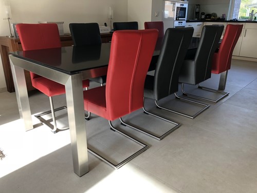 Set van 8 leren eetkamerstoelen - met sledepoot - diverse kleuren leer