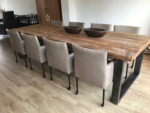 Set van 8 leren kuip eetkamerstoelen - met wieltjes - bruin leer