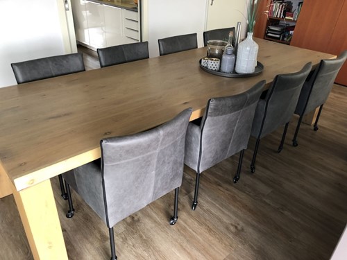 Set van 8 leren kuip eetkamerstoelen - met wieltjes - grijs leer
