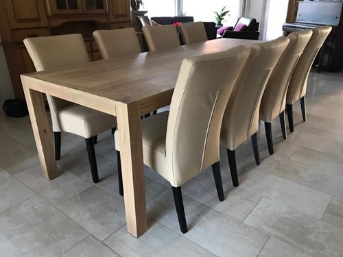 Set van 8 leren eetkamerstoelen - met houten poten - bruin leer