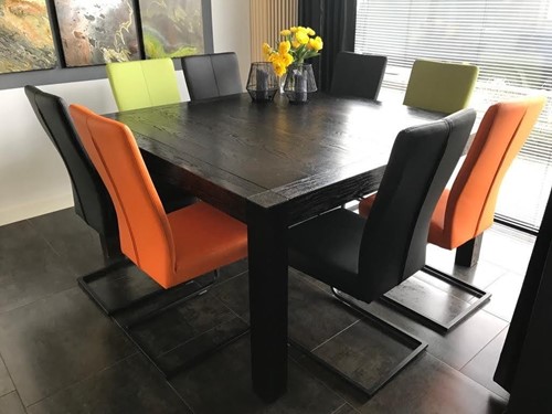 Set van 8 leren eetkamerstoelen - met sledepoot - diverse kleuren leer