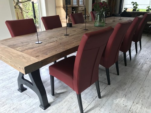 Set van 8 leren eetkamerstoelen - met houten poten - rood leer