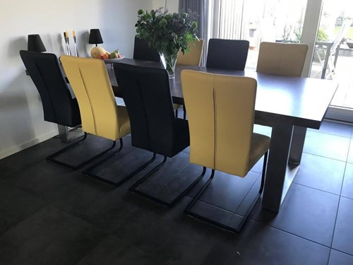 Set van 8 leren eetkamerstoelen - met sledepoot - diverse kleuren leer