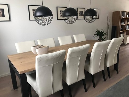 Set van 8 leren eetkamerstoelen - met houten poten - wit leer