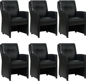 Set van 6 Zwarte leren landelijke eetkamerfauteuils Sharp - Granada leer Black (zwart leer)