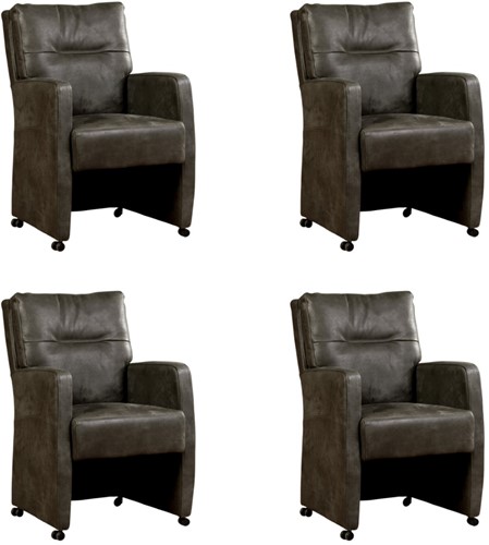 Leren eetkamerfauteuil Sharp - set van 4 stoelen - Kenia Leer Antracite - Met handgreep - Zwart