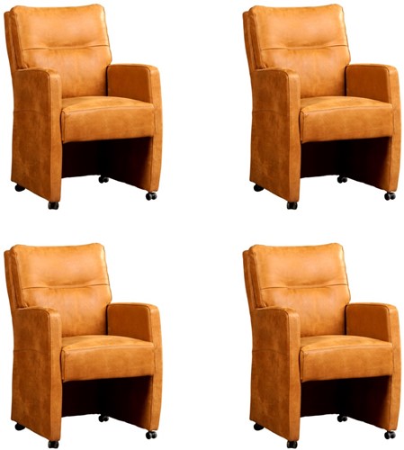 Leren eetkamerfauteuil Sharp - set van 4 stoelen - Kenia Leer Cognac - Met handgreep - Zwart