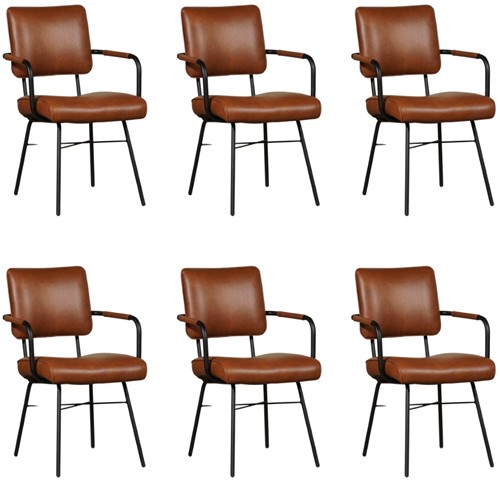 Leren eetkamerstoel Solid - Met armleuning - set van 6 stoelen - Granada leer Savannah