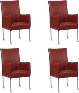 Set van 4 Rode leren moderne eetkamerstoelen Spark - poot rond rvs met wiel - Granada leer Rouge (rood leer)