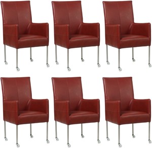 Set van 6 Rode leren moderne eetkamerstoelen Spark - poot rond rvs met wiel - Granada leer Rouge (rood leer)
