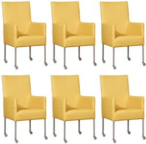 Set van 6 Gele leren moderne eetkamerstoelen Spark - poot rond rvs met wiel - Toledo Leer Giallo (geel leer)