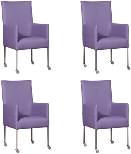 Leren eetkamerstoel Spark - met wieltjes - set van 4 stoelen - Toledo Leer Lila - Kleur poot, RVS - Skate wiel transparant
