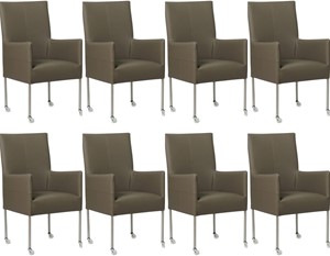 Set van 8 Grijze leren moderne eetkamerstoelen Spark - poot rond rvs met wiel - Toledo Leer Smog (grijs leer)