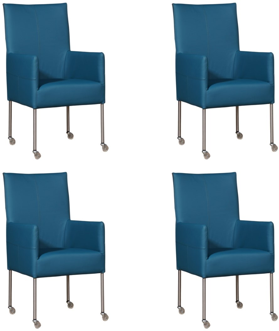 bord monster Veilig Leren eetkamerstoel Spark - met wieltjes - set van 4 stoelen - Toledo Leer  Turquoise - Kleur poot, RVS - Skate wiel transparant ShopX
