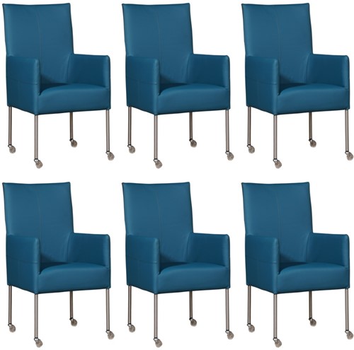 Leren eetkamerstoel Spark - met wieltjes - set van 6 stoelen - Toledo Leer Turquoise - Kleur poot, RVS - Skate wiel transparant