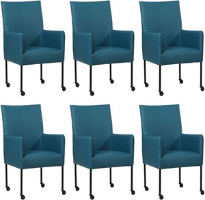 Set van 6 Blauwe leren moderne eetkamerstoelen Spark - poot rond zwart met wiel - Toledo Leer Turquoise (blauw leer)