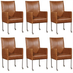 Set van 6 Cognac leren moderne eetkamerstoelen Spark - poot rond rvs met wiel - Vintage Leer Cognac (cognac leer)
