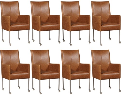 Leren eetkamerstoel Spark - met wieltjes - set van 8 stoelen - Vintage Leer Cognac - Kleur poot, RVS - Skate wiel transparant
